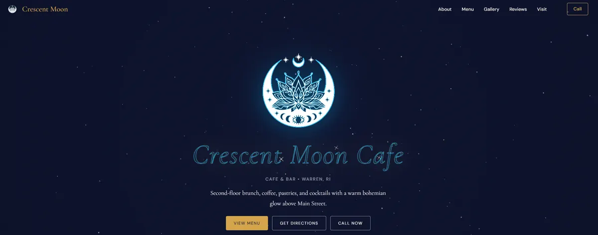 Crescent Moon Cafe website homepage with animated star field