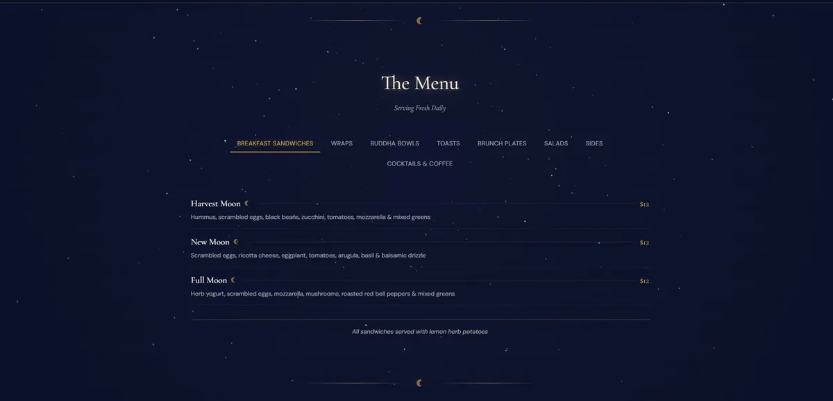 Crescent Moon Cafe website menu section